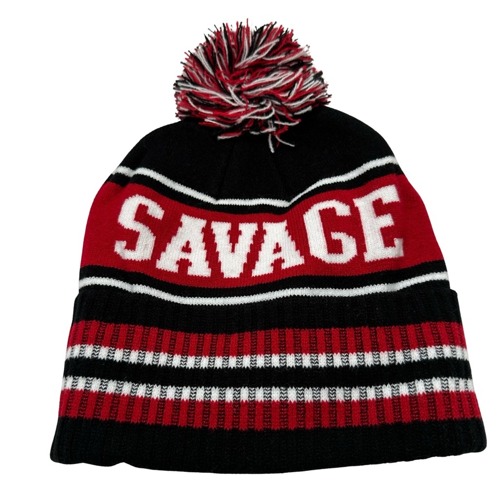 NWT Puka Headwear Soft "SAVAGE" Red, White & Black Beanie Hat